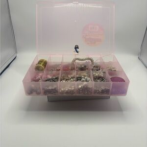 Pink and silver beads, assorted, with tools, thread and storage. 4 1/2 lbs.